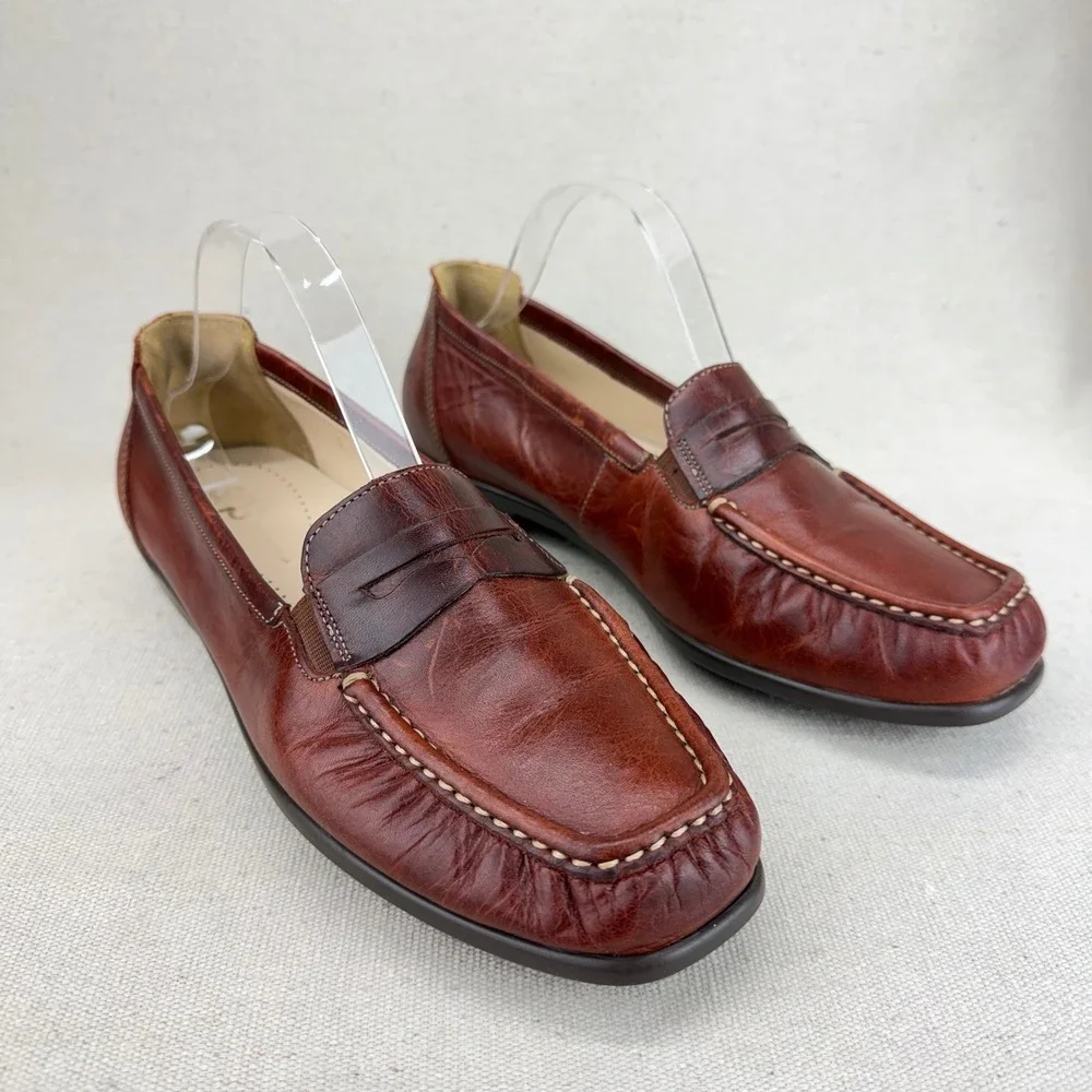 SAS Womens Penny Loafers Brown Leather Moc Toe Flats Made in USA 9.5 WW